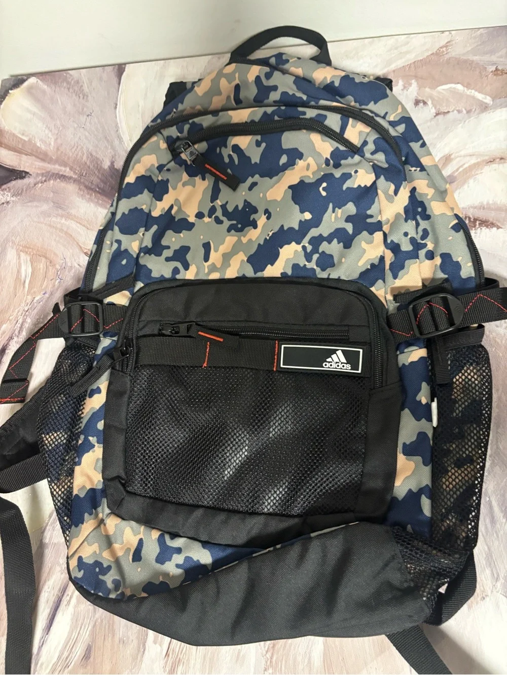 adidas Men's Blue and Tan Camo Backpack with Black Accents
